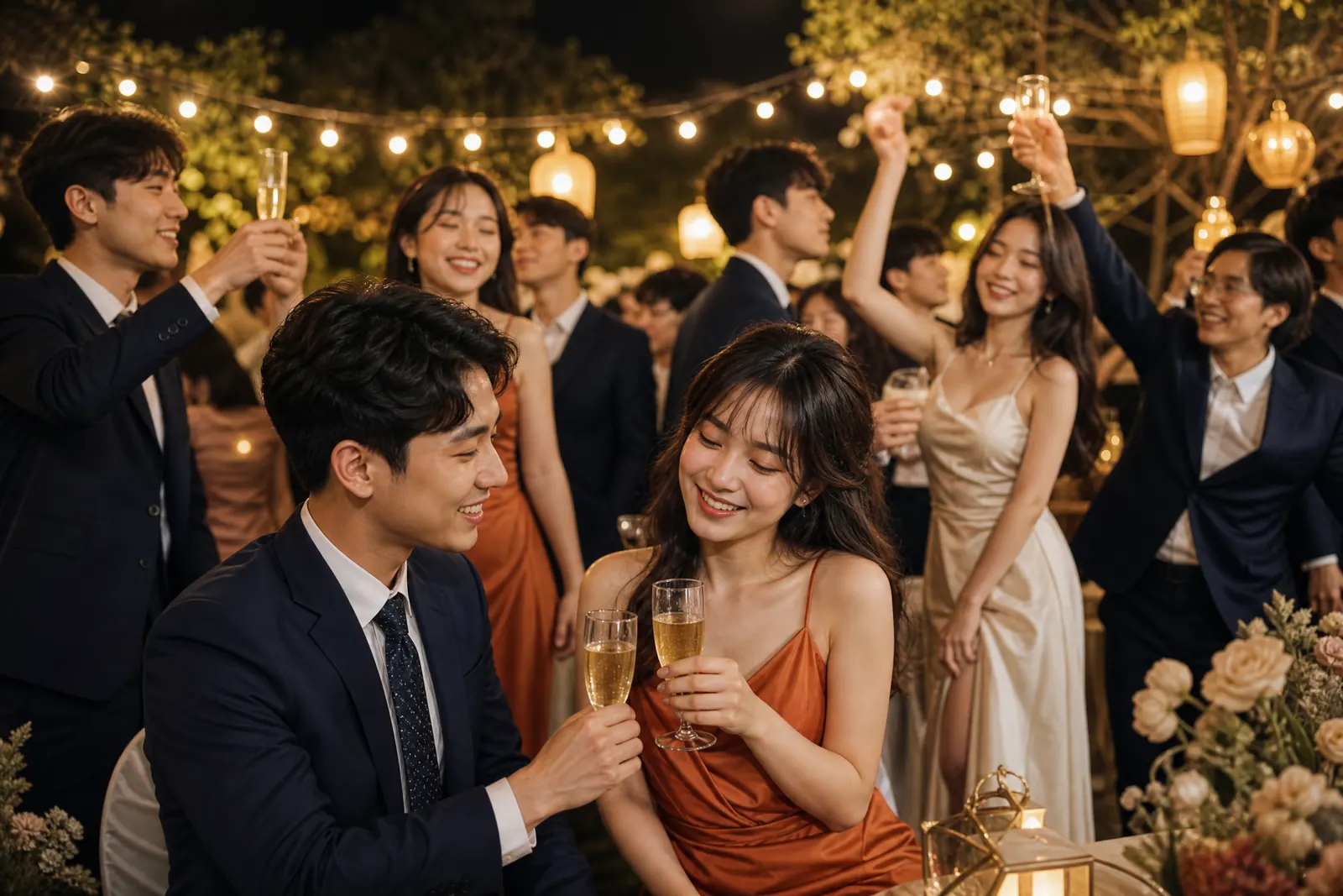 Nhóm sinh viên Việt Nam vui mừng dưới đèn dây trong album kỷ yếu cuối khóa