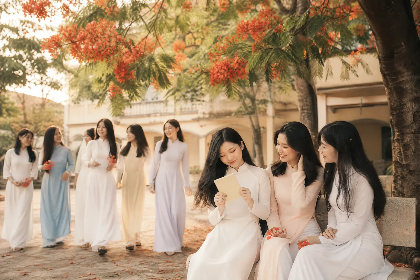 Nữ sinh Việt Nam mặc áo dài bên cây phượng trong album kỷ yếu mùa hạ