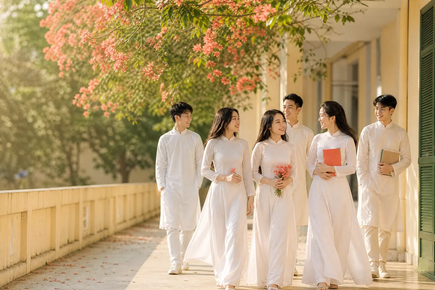 Album kỷ yếu áo dài Việt của nhóm học sinh trong sân trường